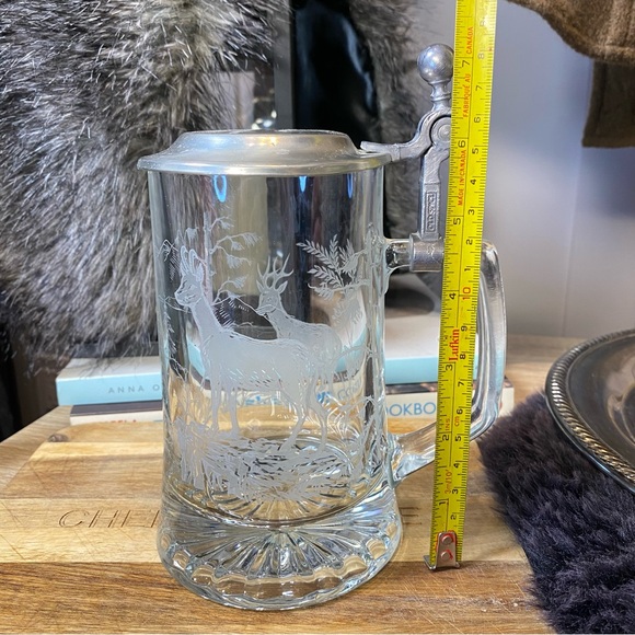 ALWE Pewter Lid Beer Stein Etched Glass Buck Elk Stag Mug West Germany Heavy - Picture 11 of 12